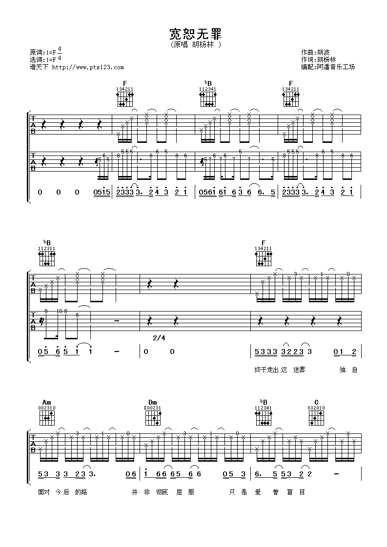 胡杨林 宽恕无罪 吉他谱