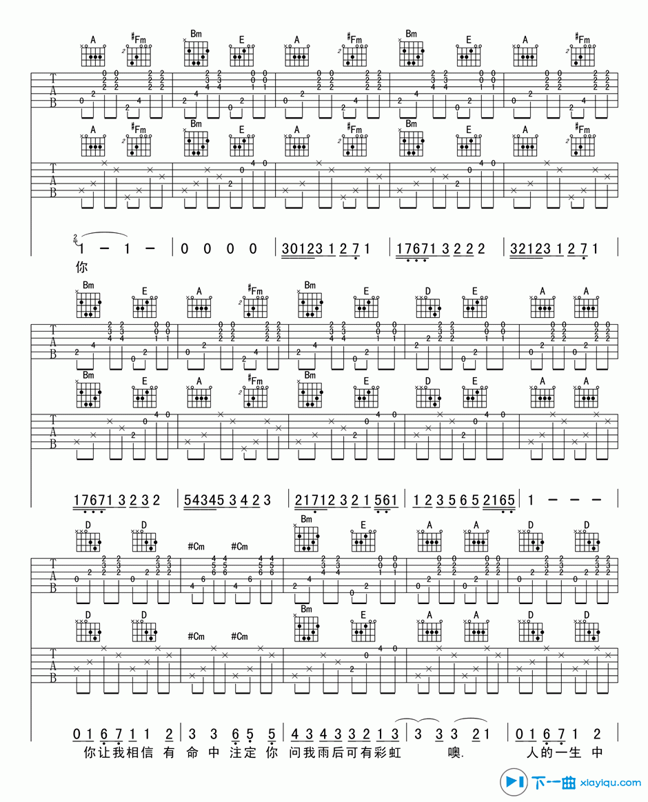 命中注定吉他谱双吉他版A调（六线谱）_庾澄庆 吉他谱