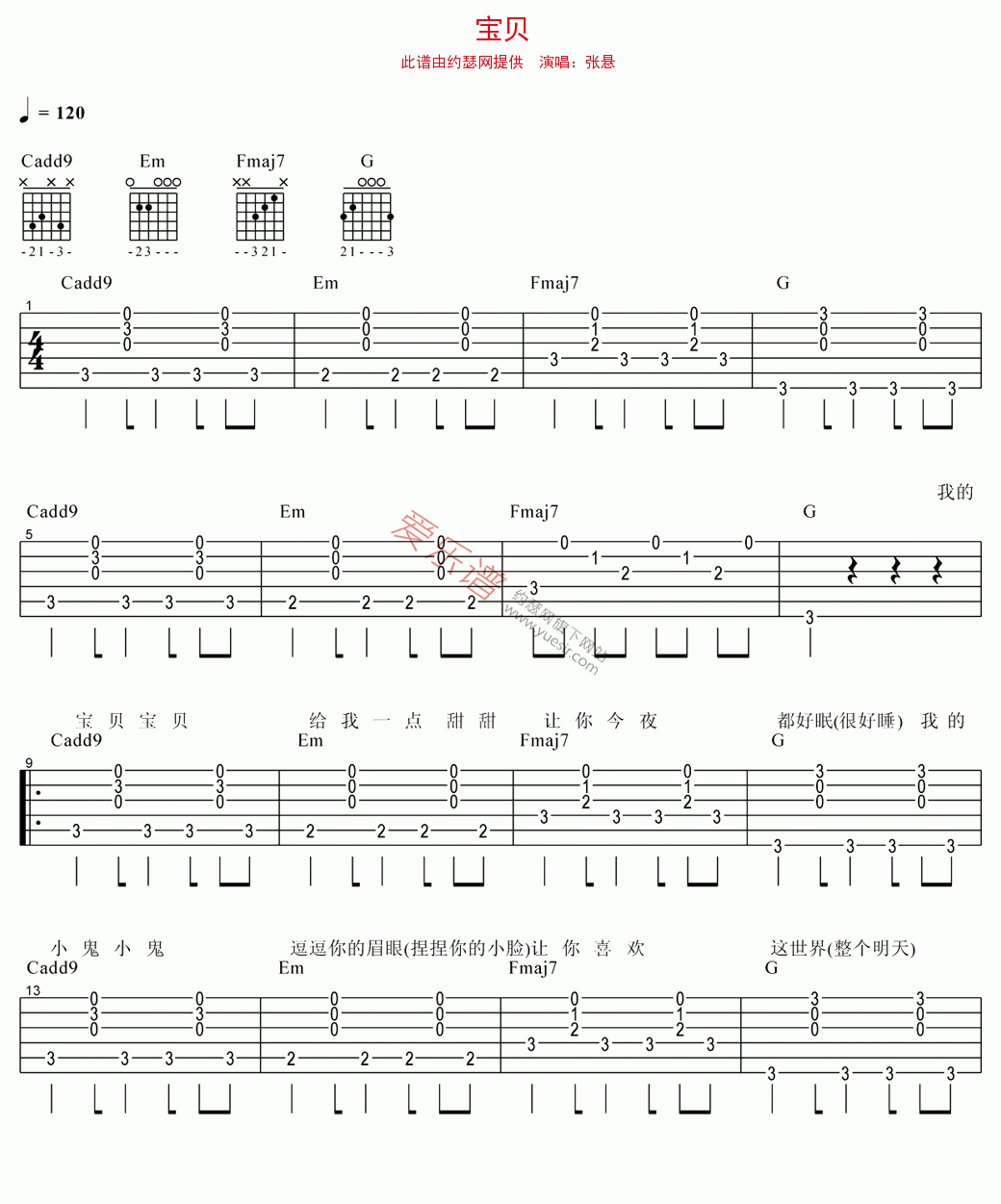 张悬《宝贝》 吉他谱