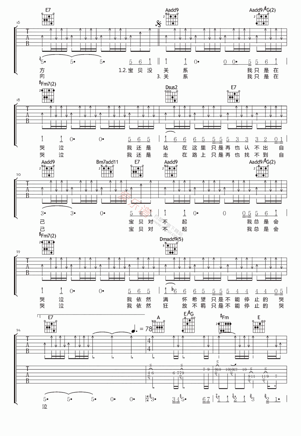 汪峰《不能停止的哭泣》 吉他谱