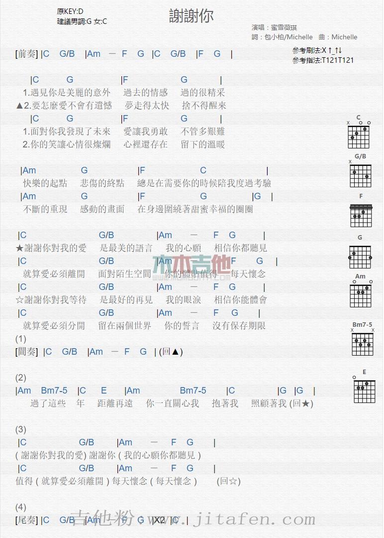 谢谢你 吉他谱