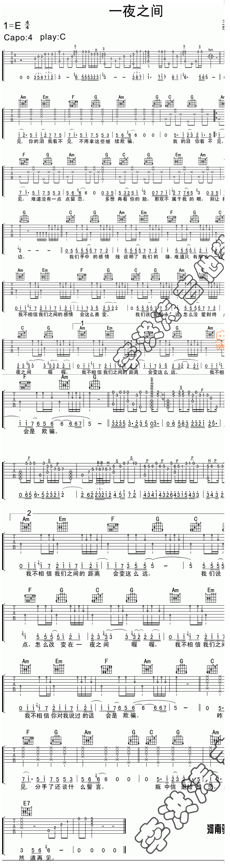 一夜之间 王志心 吉他谱