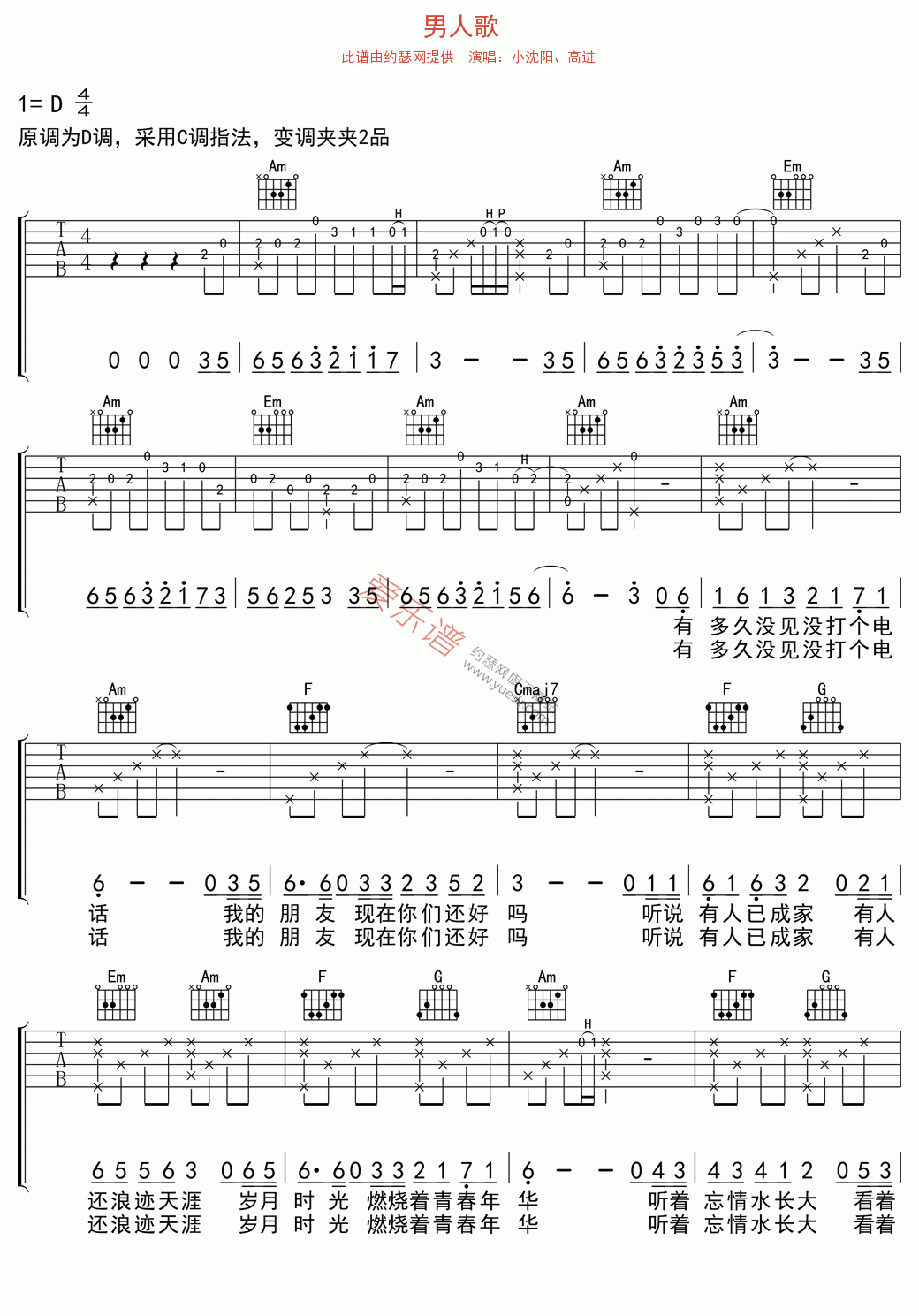 小沈阳、高进《男人歌》 吉他谱