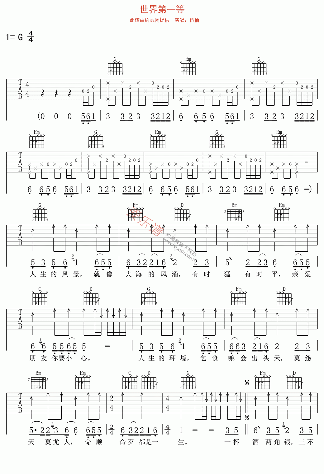 伍佰《世界第一等》 吉他谱