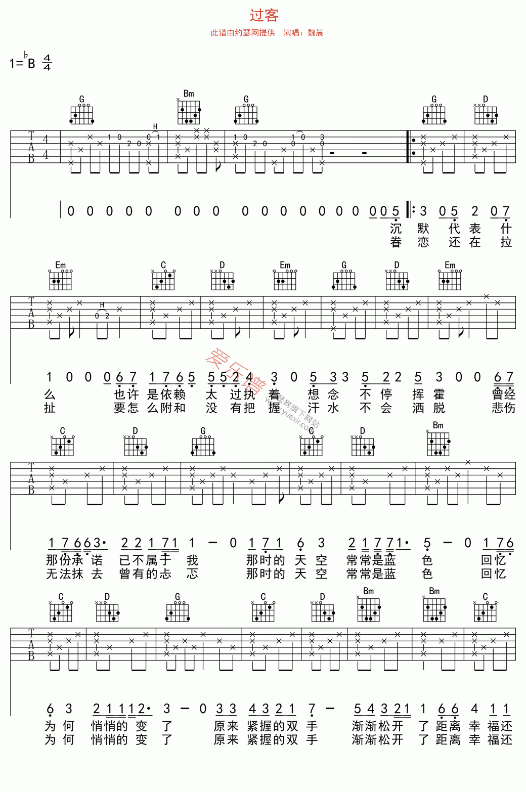 魏晨《过客》 吉他谱