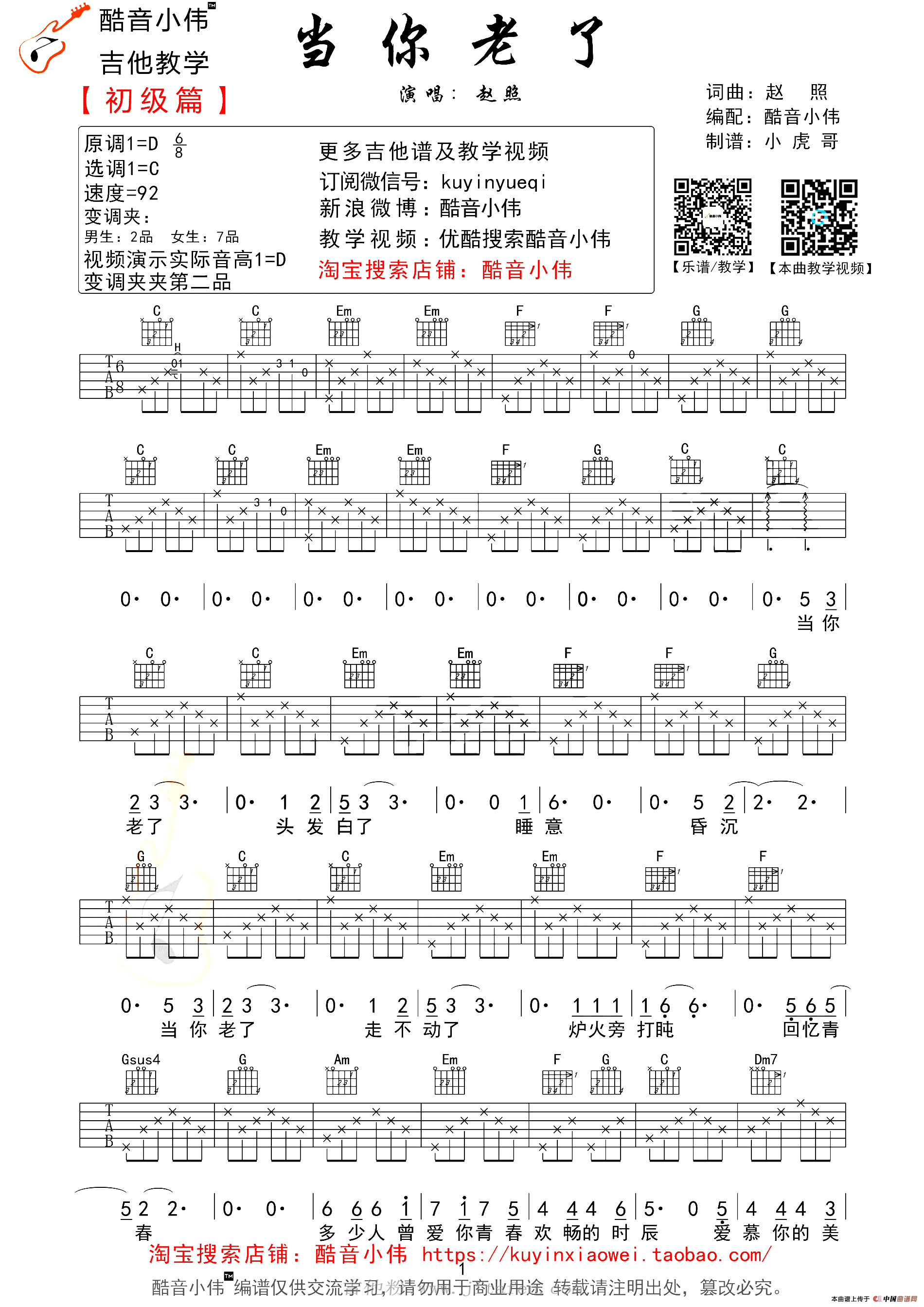 当你老了（赵照词曲） 吉他谱