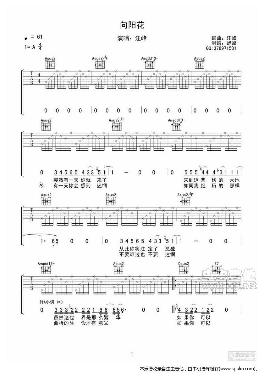 【全网首发】汪峰《向阳花》完整版吉他谱【蚂蚁制谱】 吉他谱