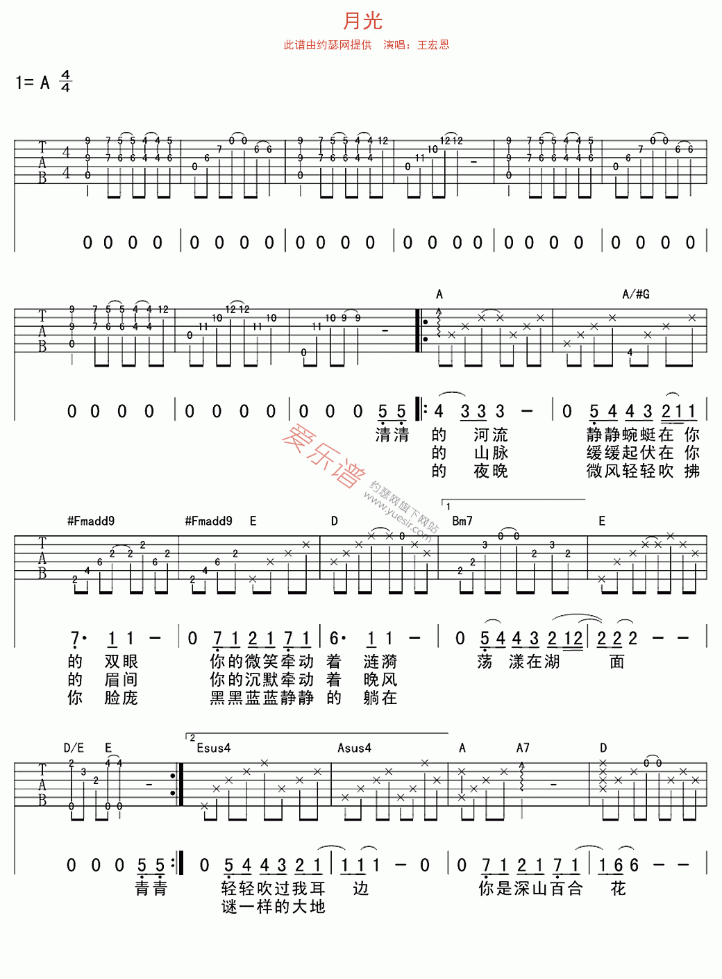 王宏恩《月光》 吉他谱