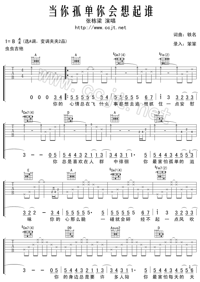 当你孤单你会想起谁 张栋梁 吉他谱
