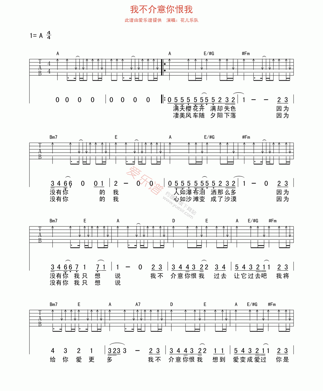 花儿乐队《我不介意你恨我》 吉他谱