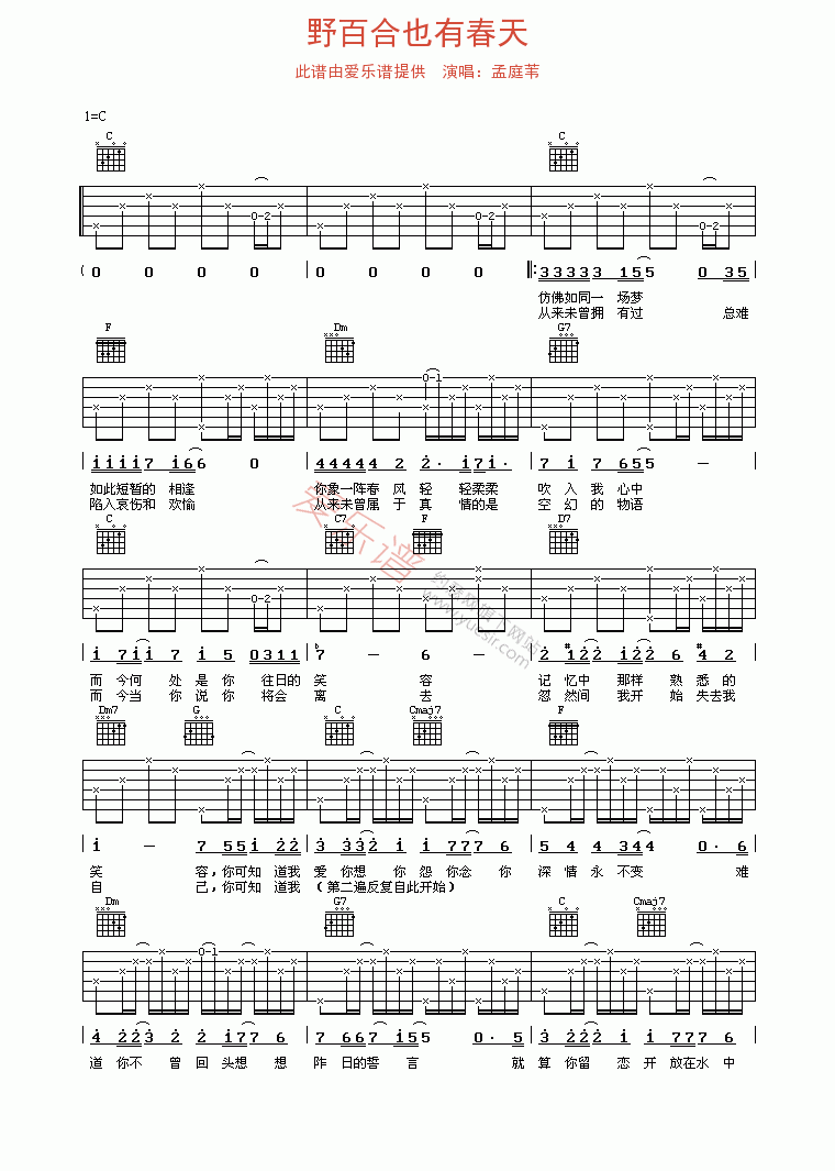 孟庭苇《野百合也有春天》 吉他谱