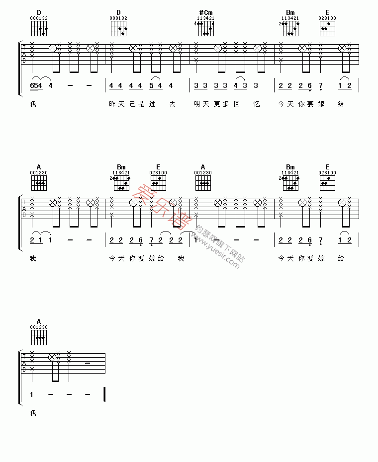 蔡依林、陶喆《今天你要嫁给我》 吉他谱