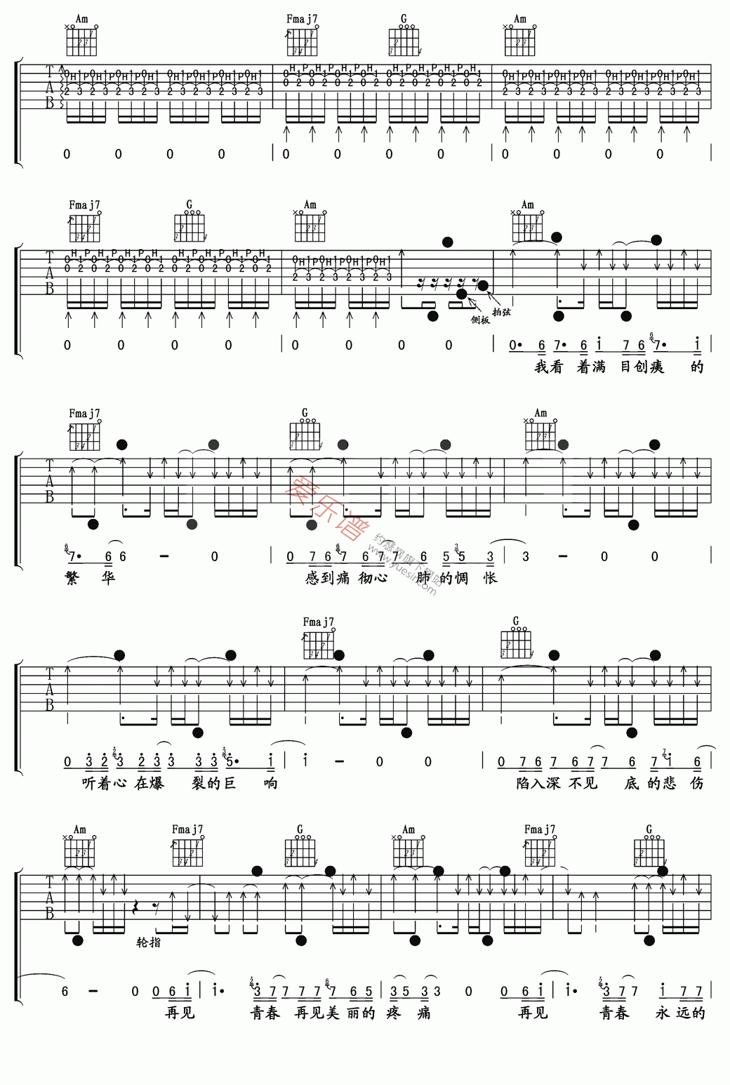 汪峰《再见青春》 吉他谱