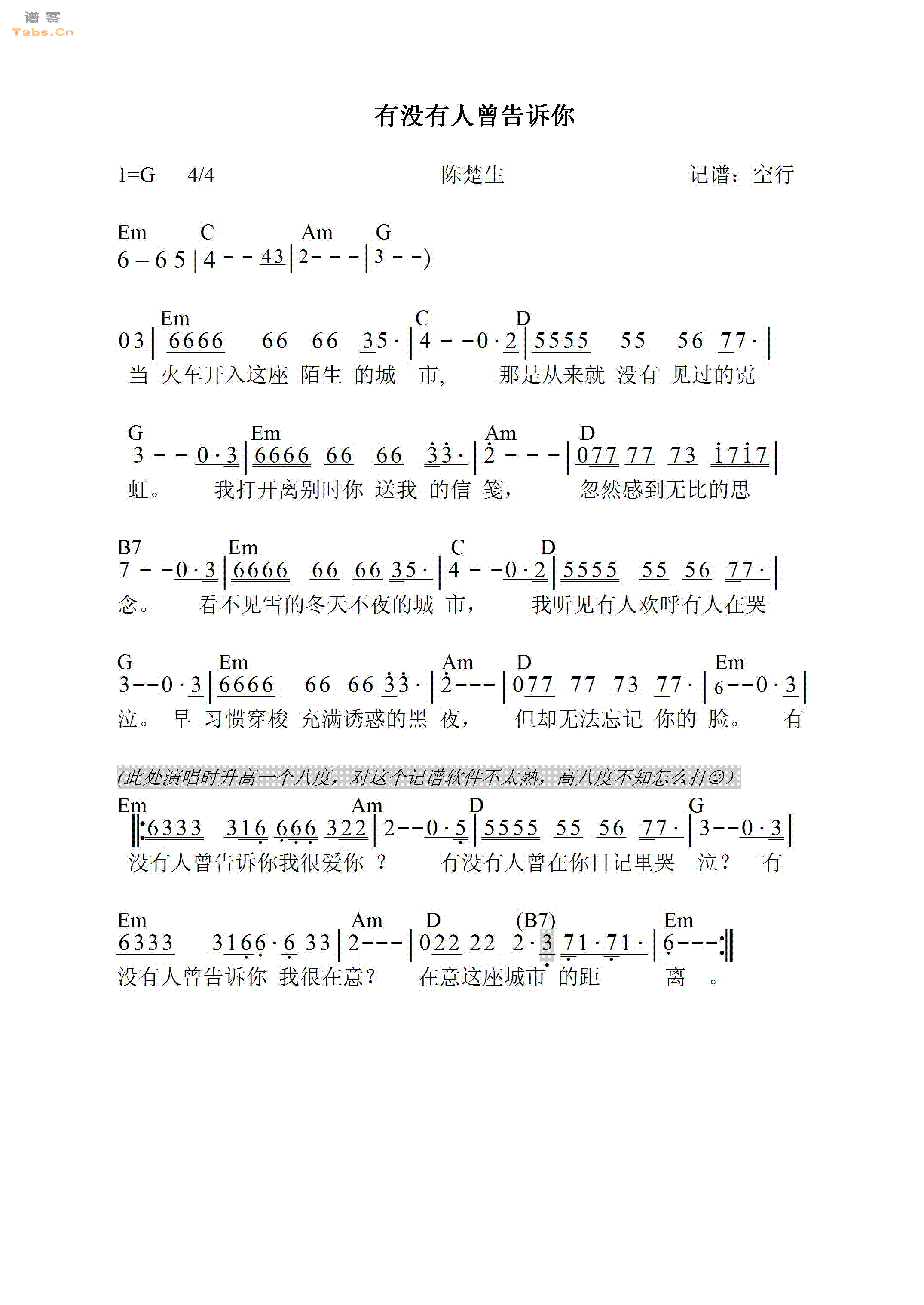 有没有人曾告诉你吉他谱--陈楚生 吉他谱