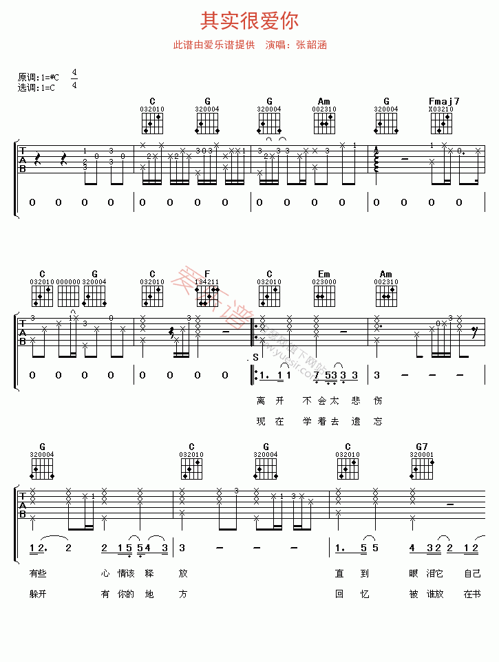 张韶涵《其实很爱你》 吉他谱