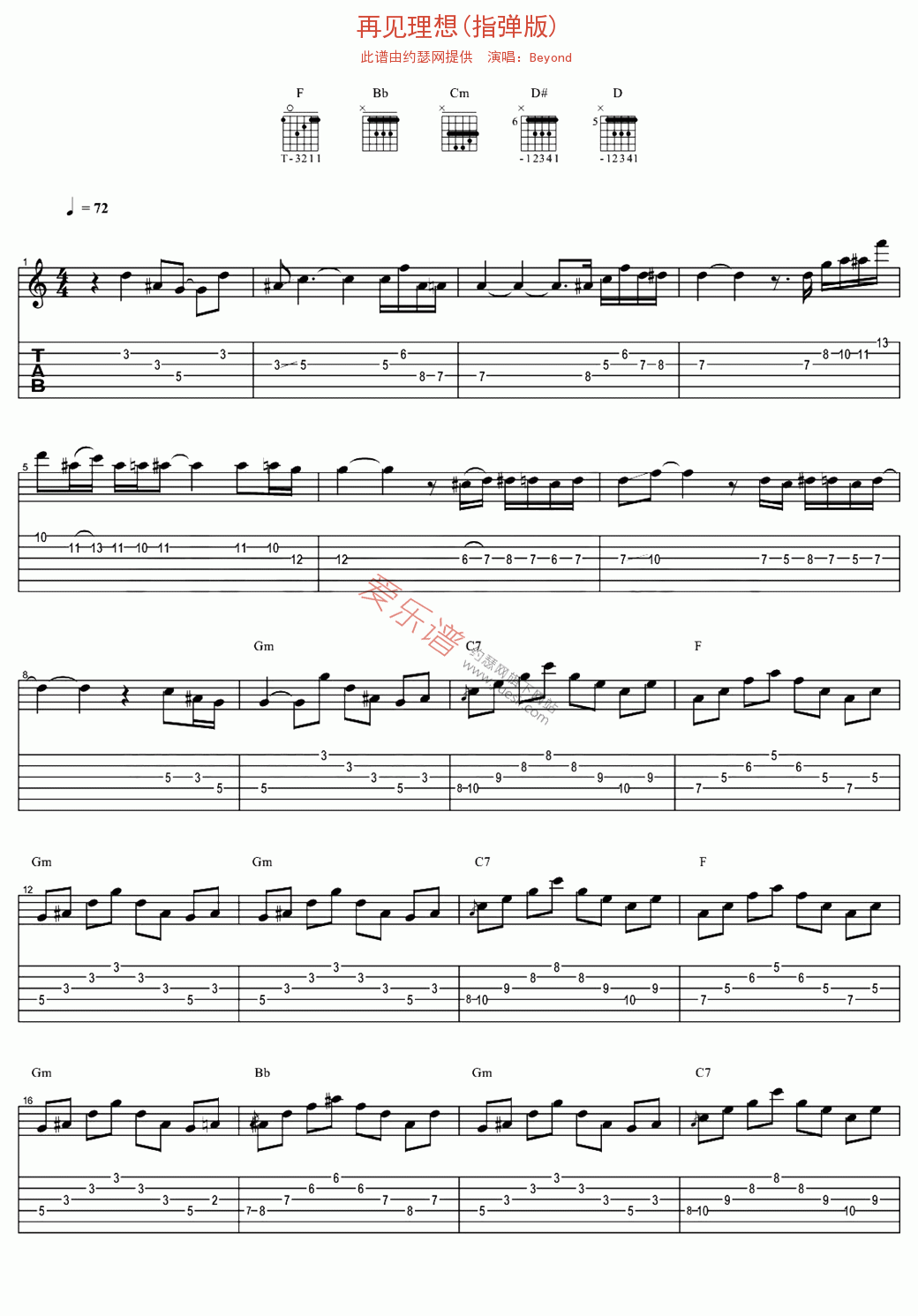 Beyond《再见理想(指弹版)》 吉他谱