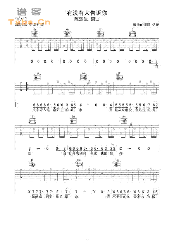 有没有人告诉你 经典版      吉他谱