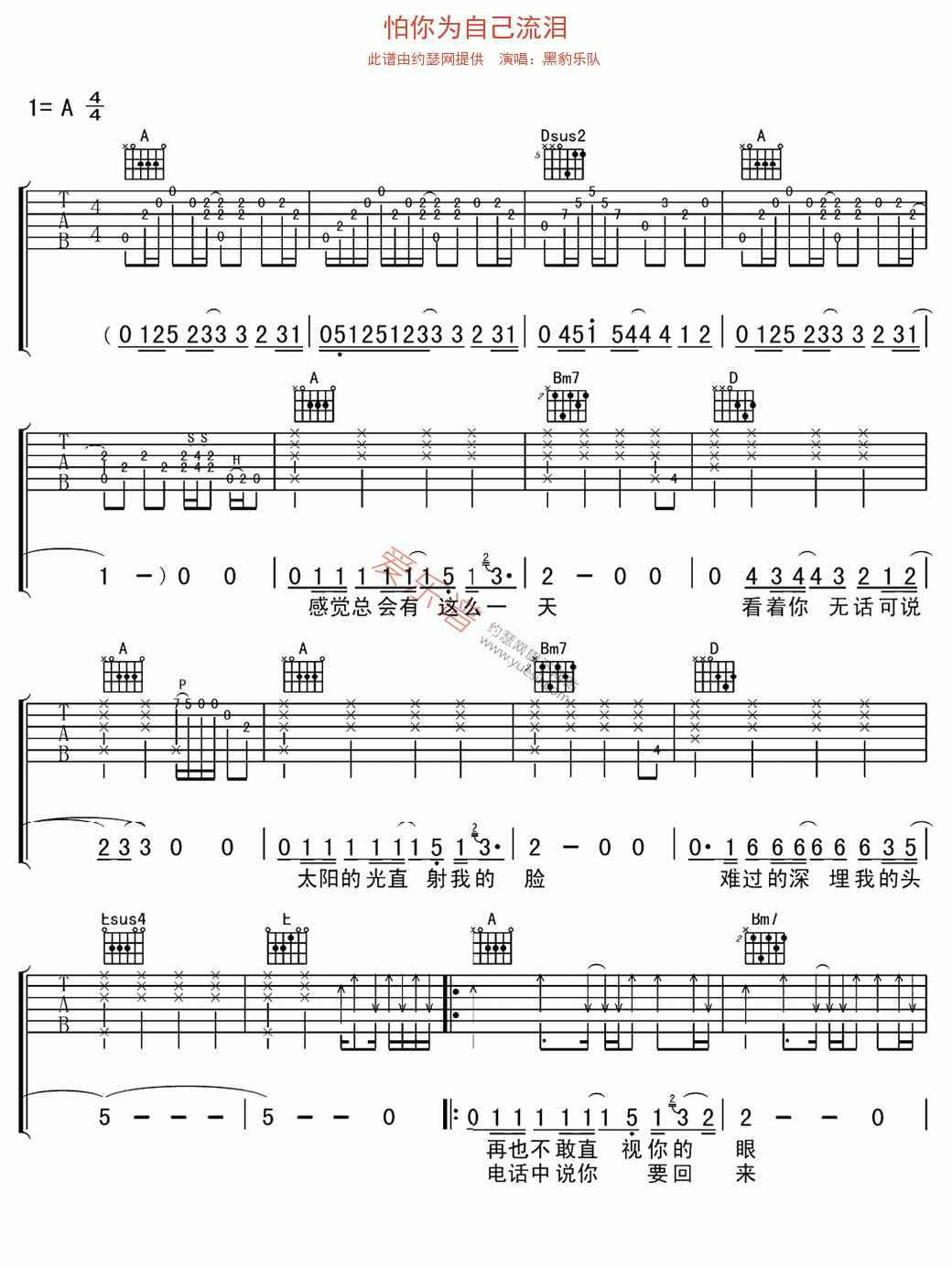 黑豹乐队《怕你为自己流泪》 吉他谱