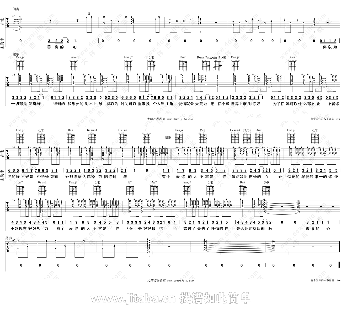 有个爱你的人不容易吉他谱C调_那英_吉他弹唱教 吉他谱