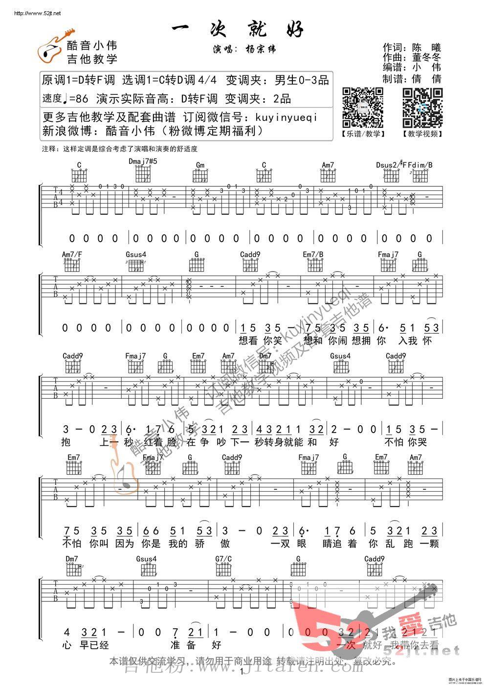 一次就好 C转D调指法吉他谱视频 吉他谱