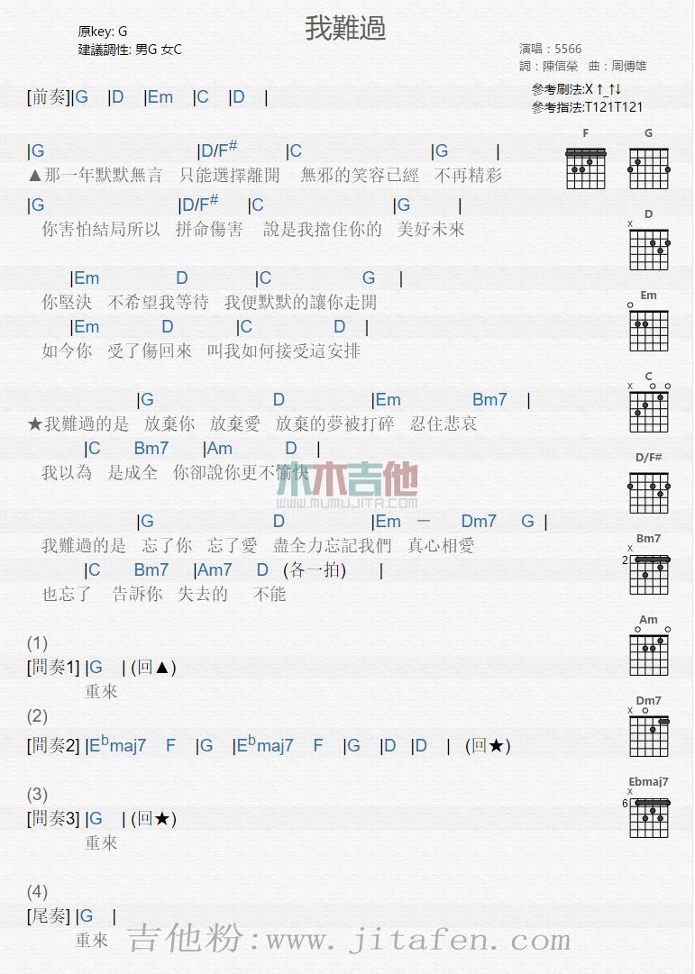 我难过 吉他谱