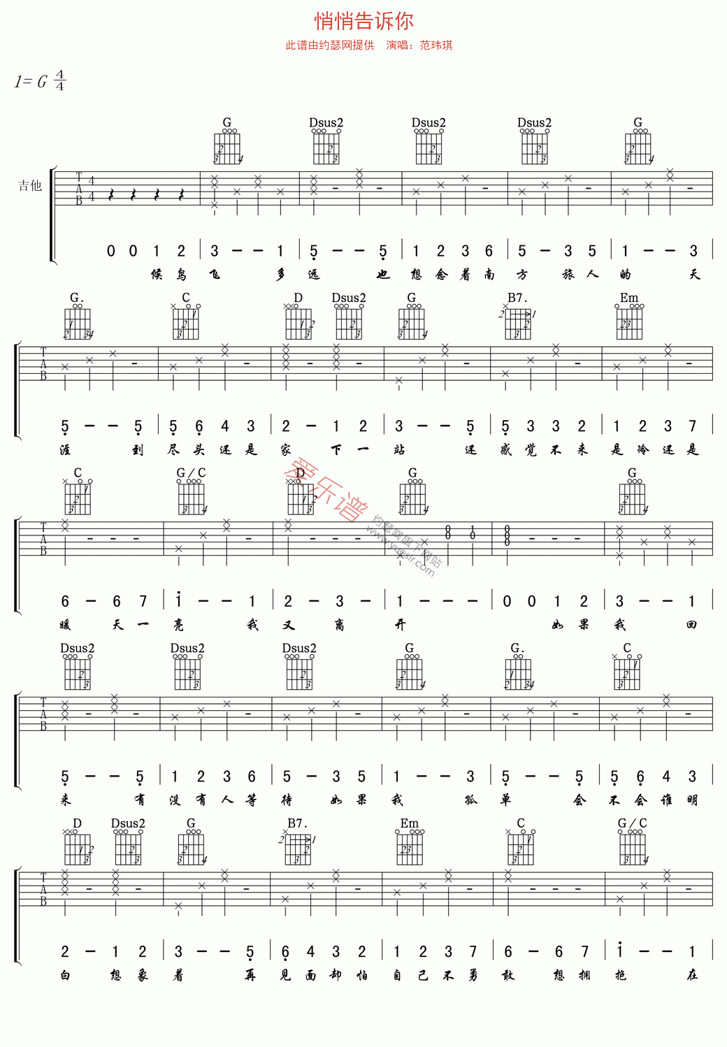 范玮琪《悄悄告诉你》 吉他谱