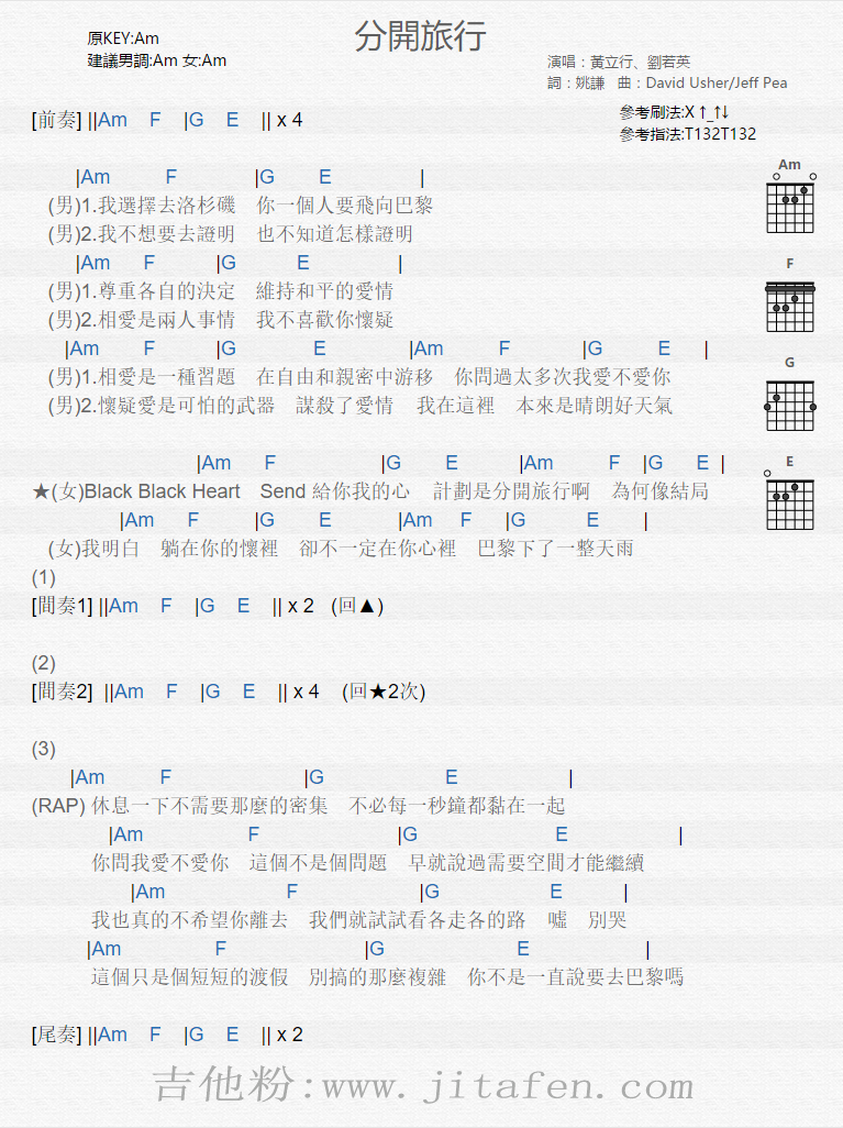 分开旅行 吉他谱