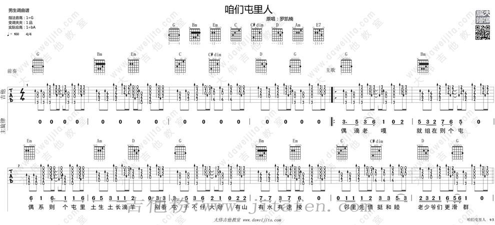 咱们屯里人-罗凯楠吉-吉他图谱 吉他谱