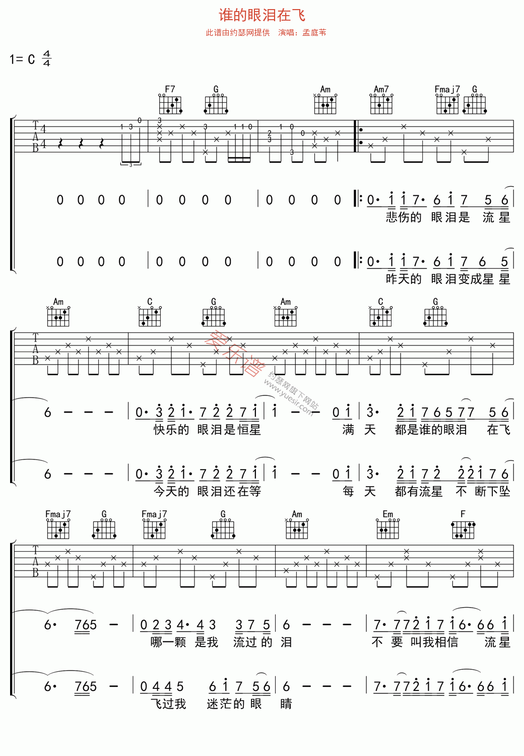 孟庭苇《谁的眼泪在飞》 吉他谱