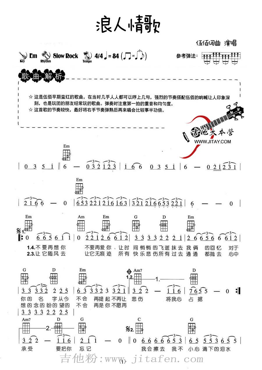 浪人情歌尤克里里谱-伍佰_浪人情歌ukulele弹唱谱 吉他谱