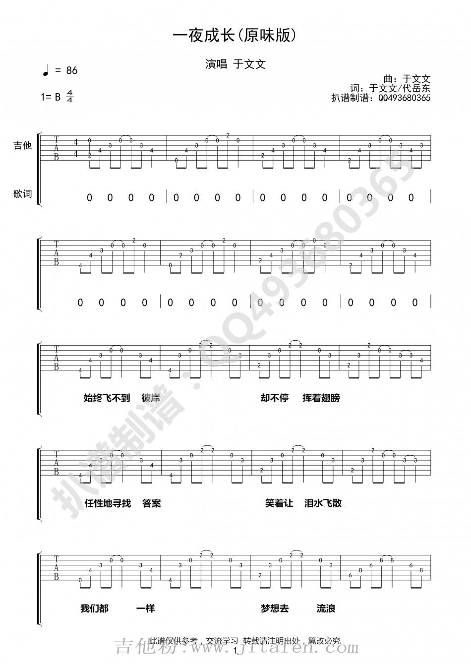 一夜成长 吉他谱