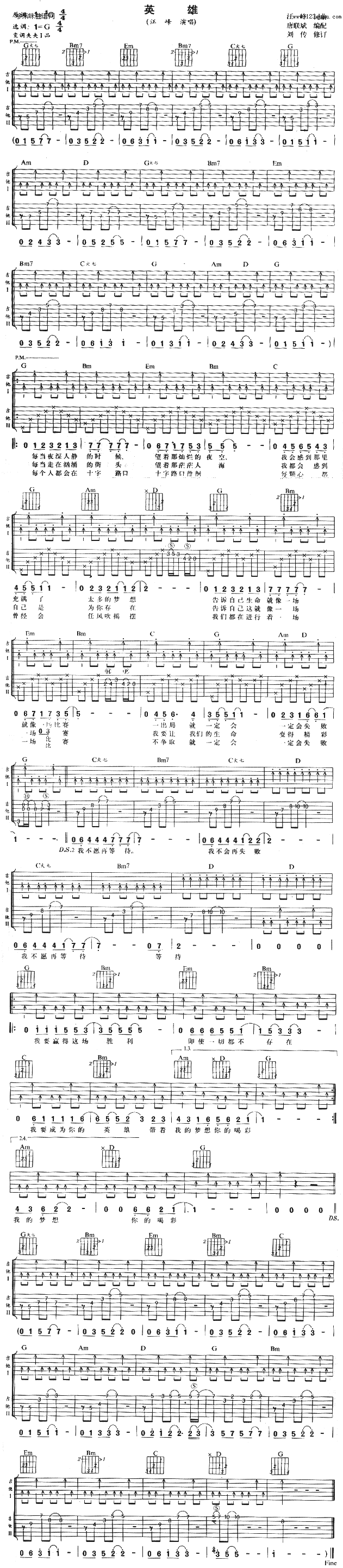 英雄 (汪峰 ) 吉他谱