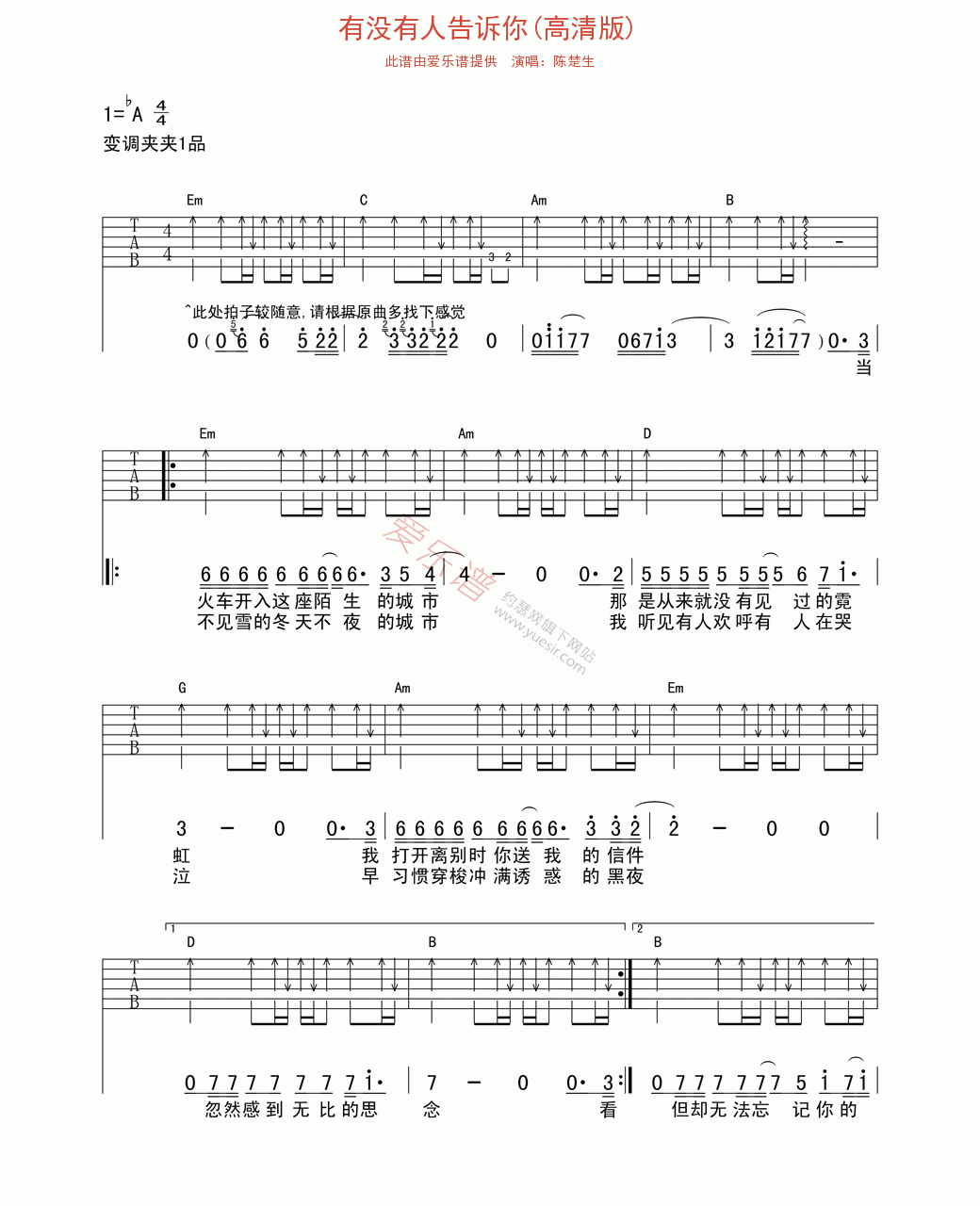 陈楚生《有没有人告诉你(高清版)》 吉他谱
