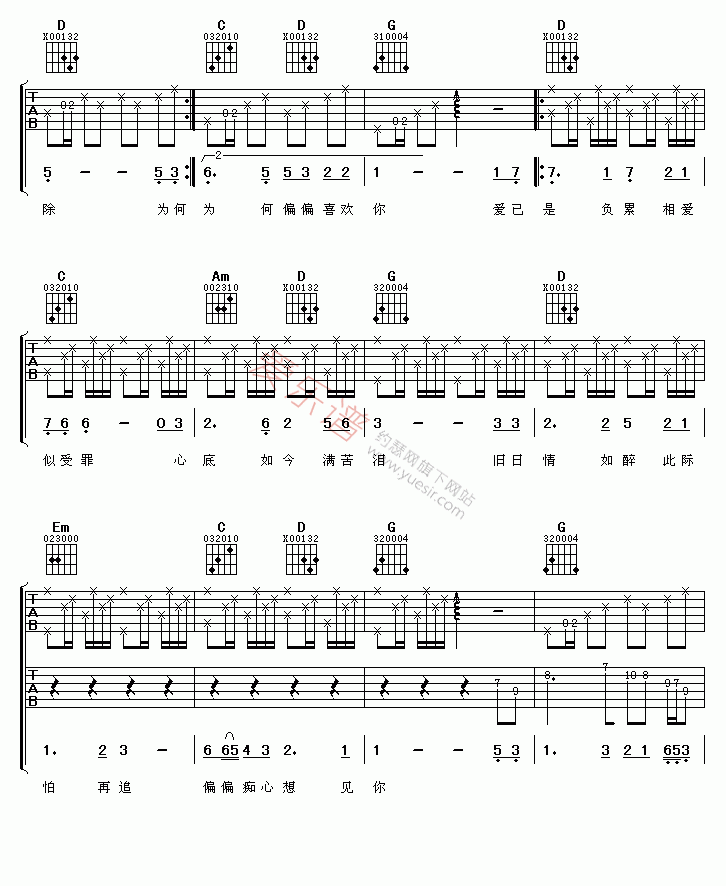 陈百强《偏偏喜欢你》 吉他谱