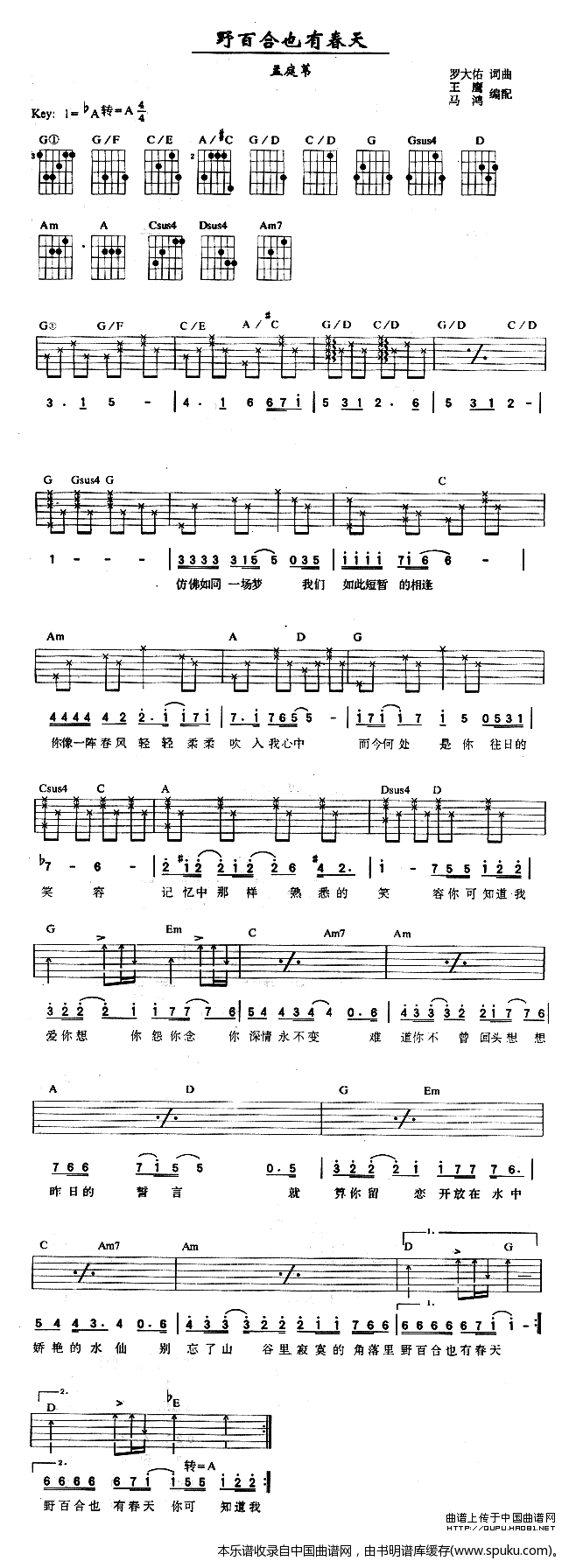 野百合也有春天（王鹰编配版） 吉他谱