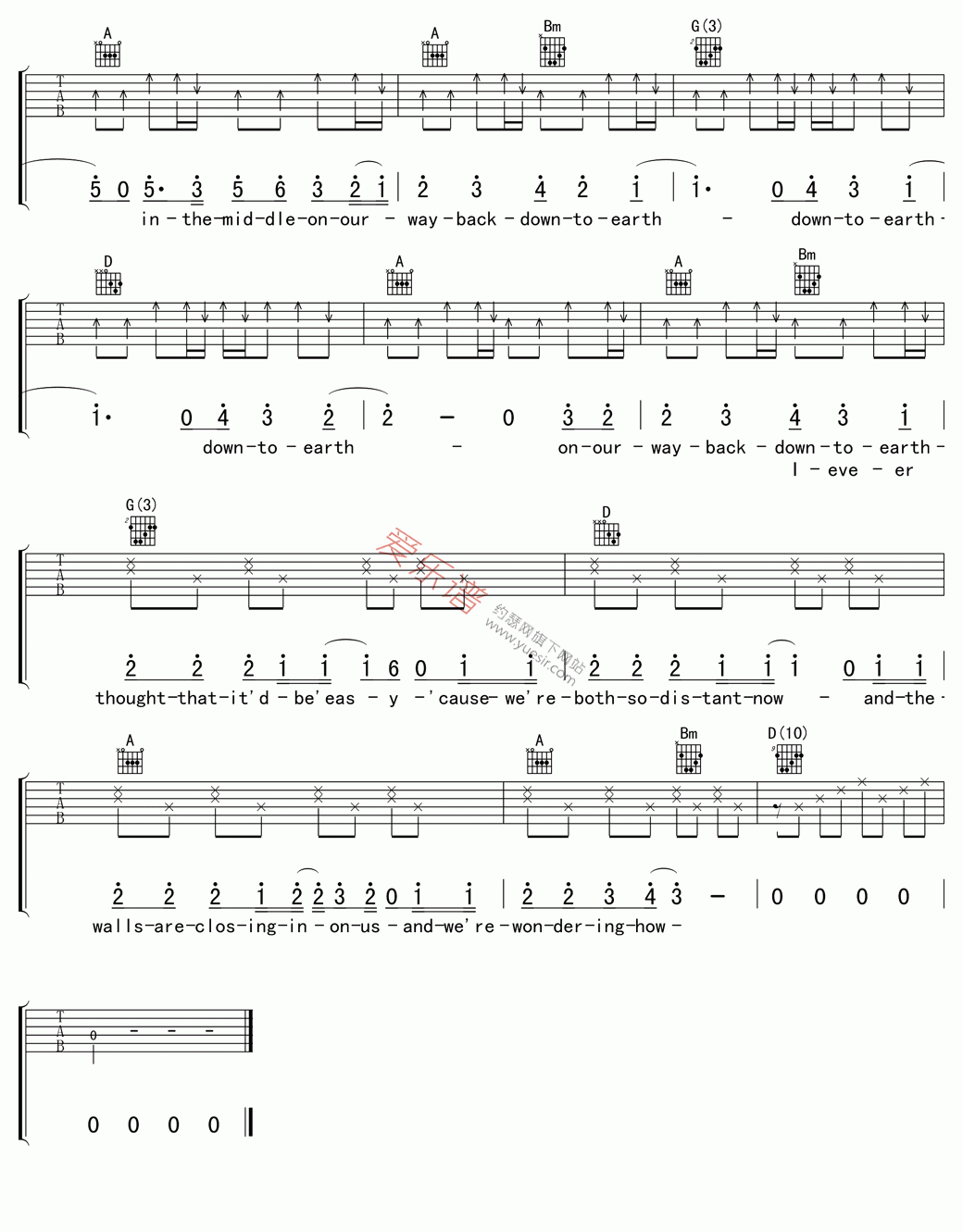 贾斯汀·比伯《Down to earth(回到现实)》 吉他谱