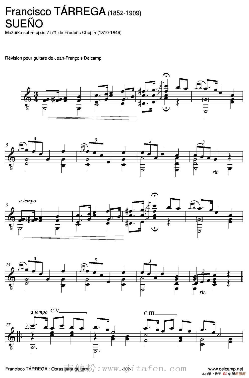 SUENO(Mazurka sobre opus 7 n1 de Frederic Chopin) 吉他谱