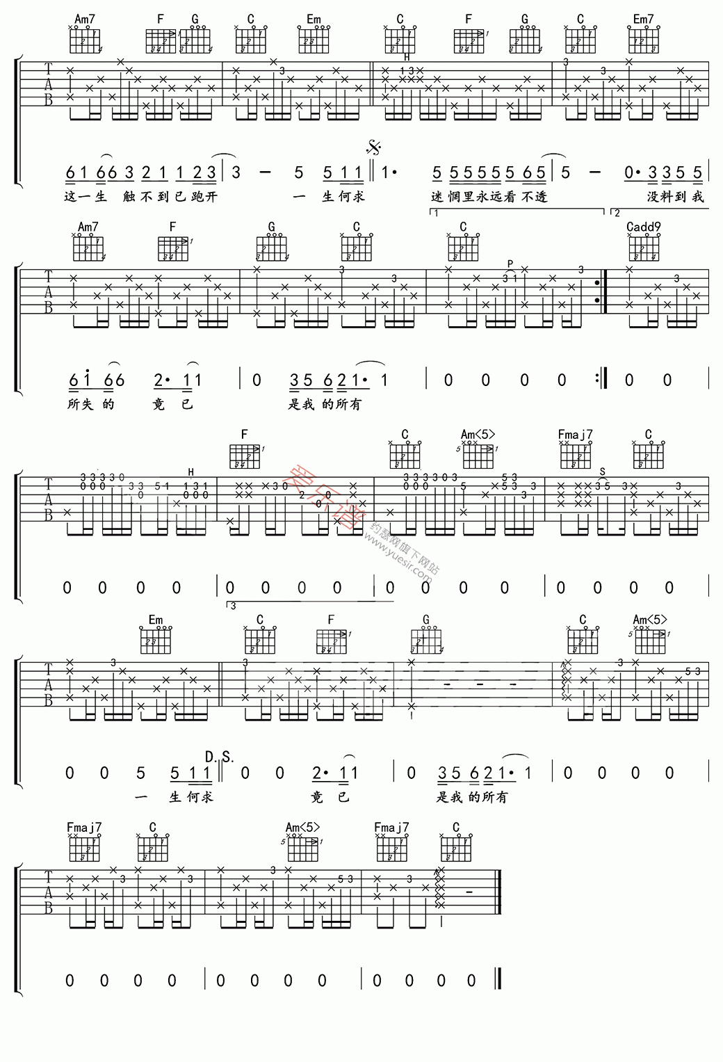 陈百强《一生何求》 吉他谱