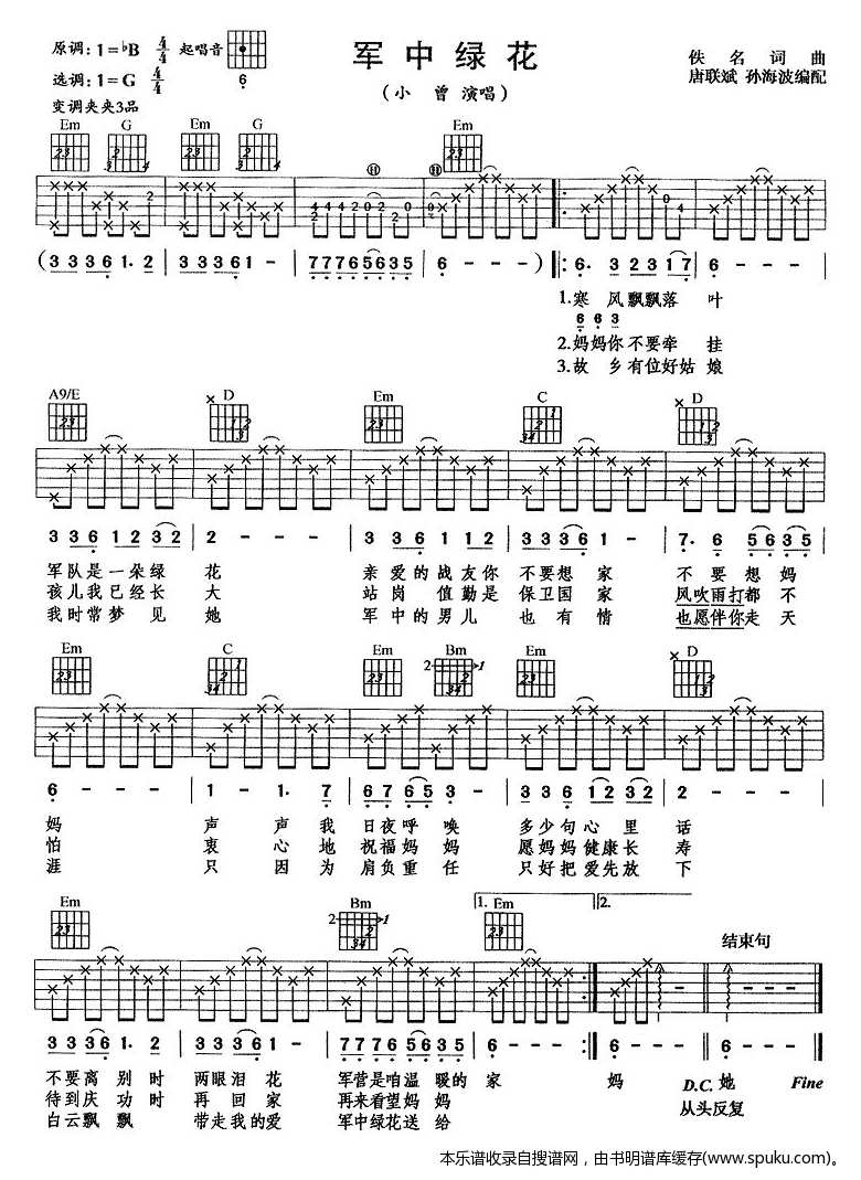 军中绿花（吉他弹唱） 吉他谱
