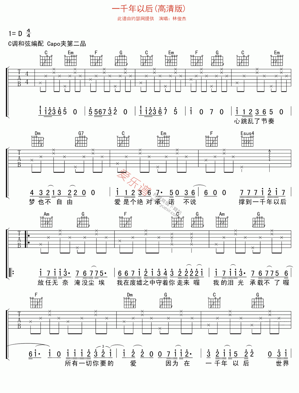 林俊杰《一千年以后(高清版)》 吉他谱