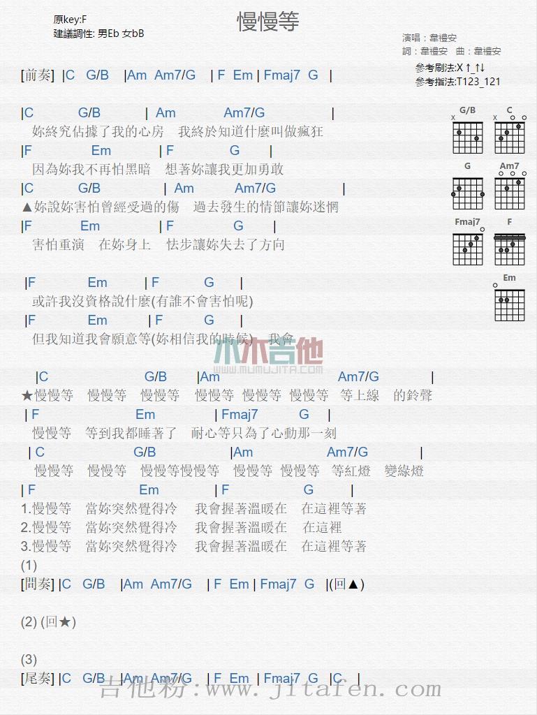 慢慢等 吉他谱