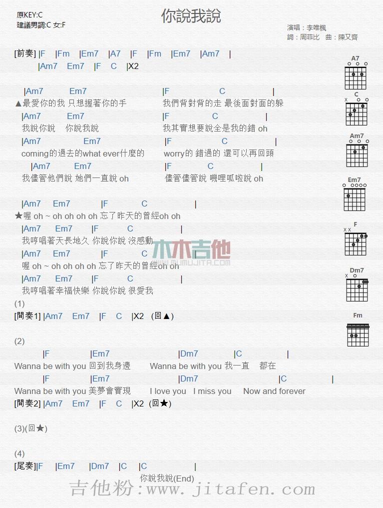 你说我说 吉他谱