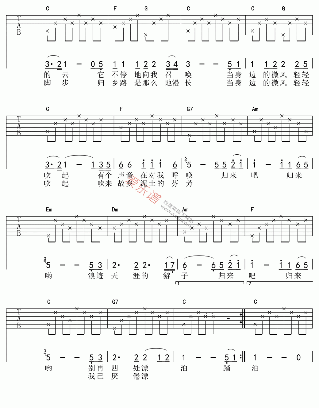 费翔《故乡的云》 吉他谱