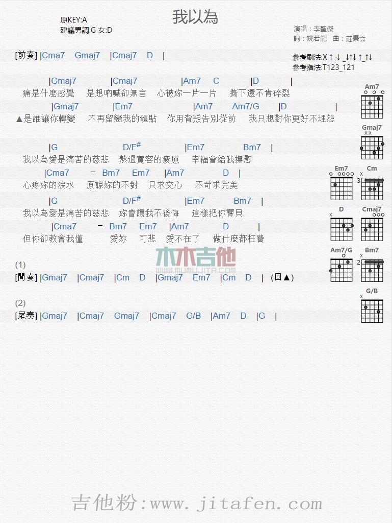 我以为 吉他谱