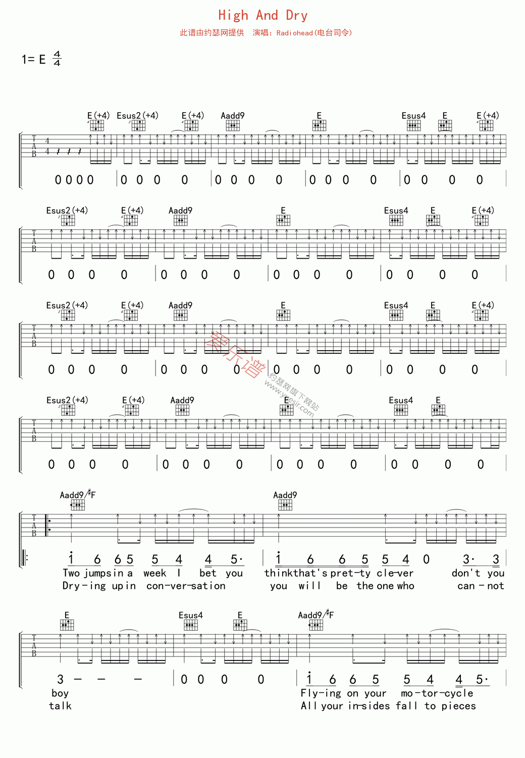 Radiohead(电台司令)《High And Dry》 吉他谱