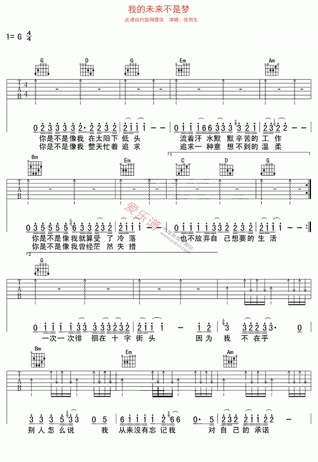 张雨生《我的未来不是梦》 吉他谱