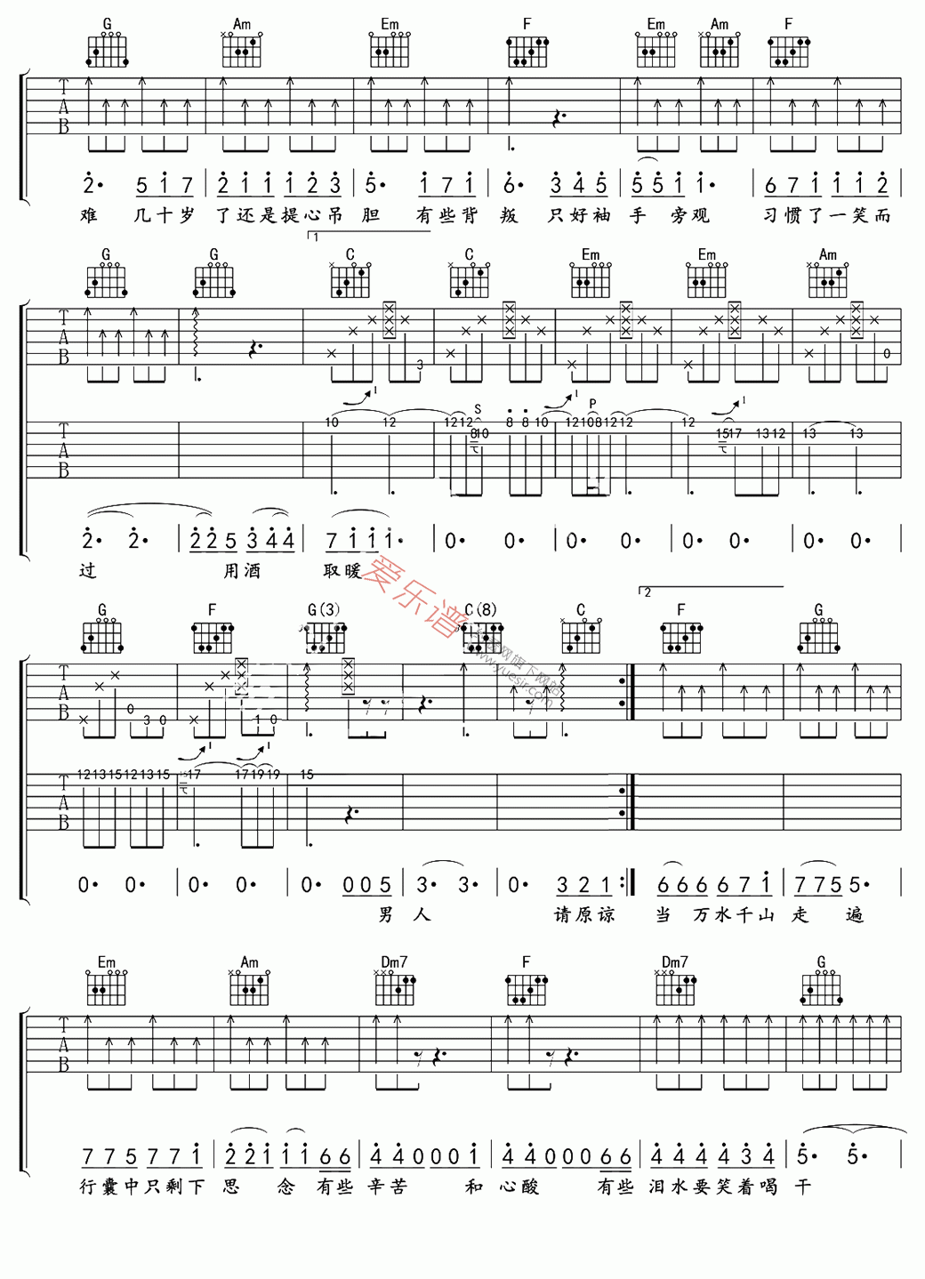 沙宝亮、黄渤《男人好难》 吉他谱