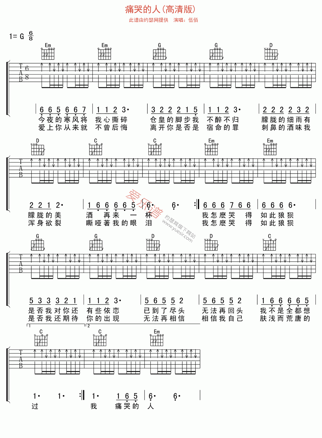 伍佰《痛哭的人(高清版)》 吉他谱