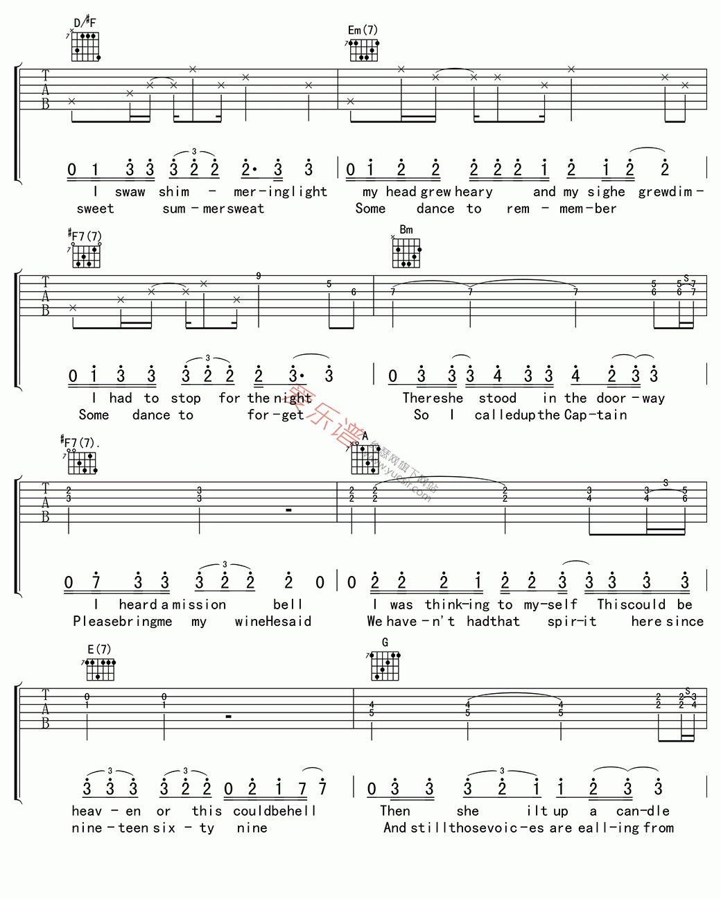 Eagles《Hotel California(加州旅馆)》 吉他谱