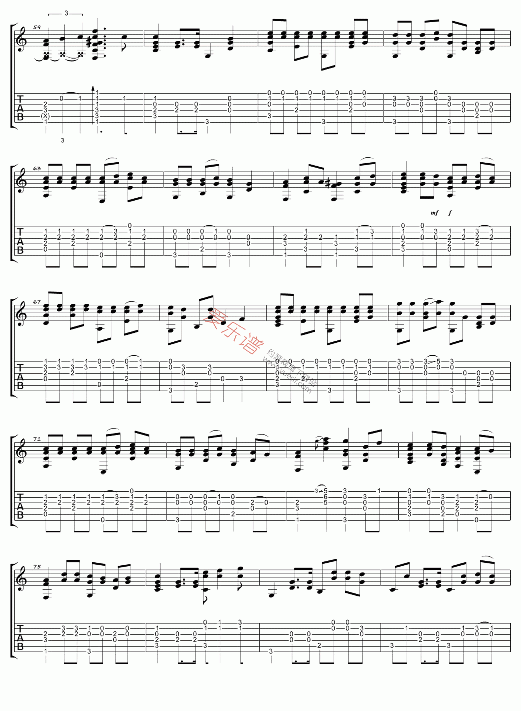 红日吉他谱,原版李克勤歌曲,简单指弹曲谱,高清六线乐谱 - 吉他谱 - 中国曲谱网